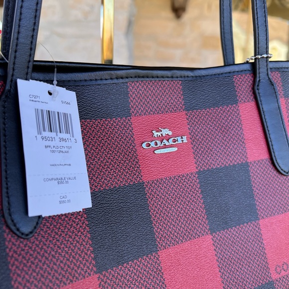 Coach buffalo Plaid Check Reversible Tote Handbag&wallet Red Black - Picture 4 of 13